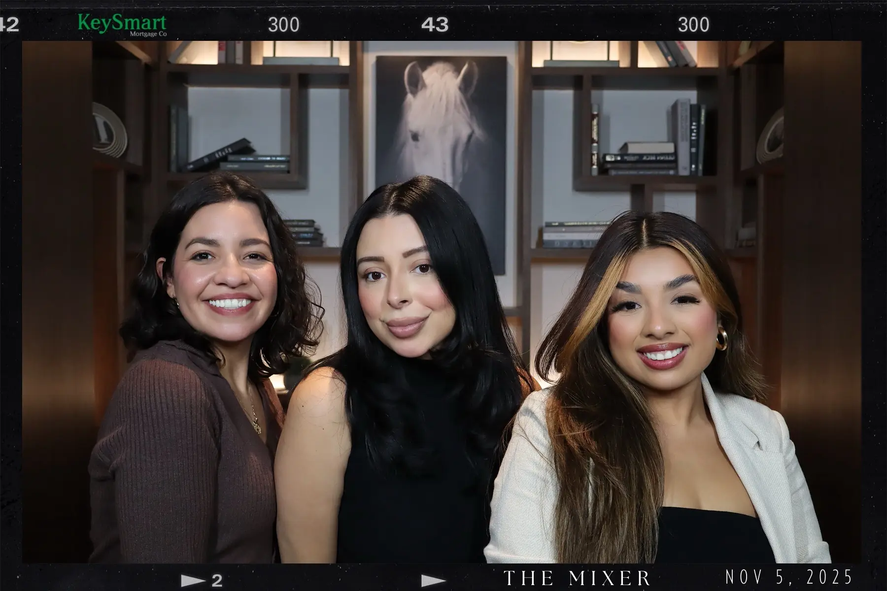 Three guests inside a custom corporate mixer photo template
