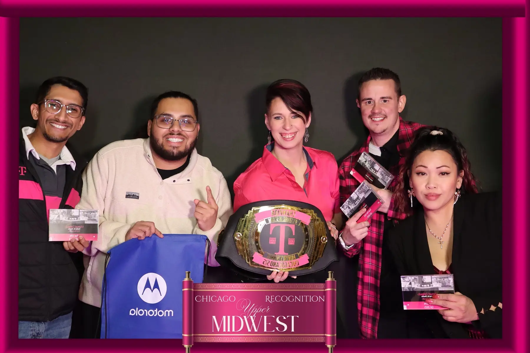 Recognition winners with a custom magenta event frame