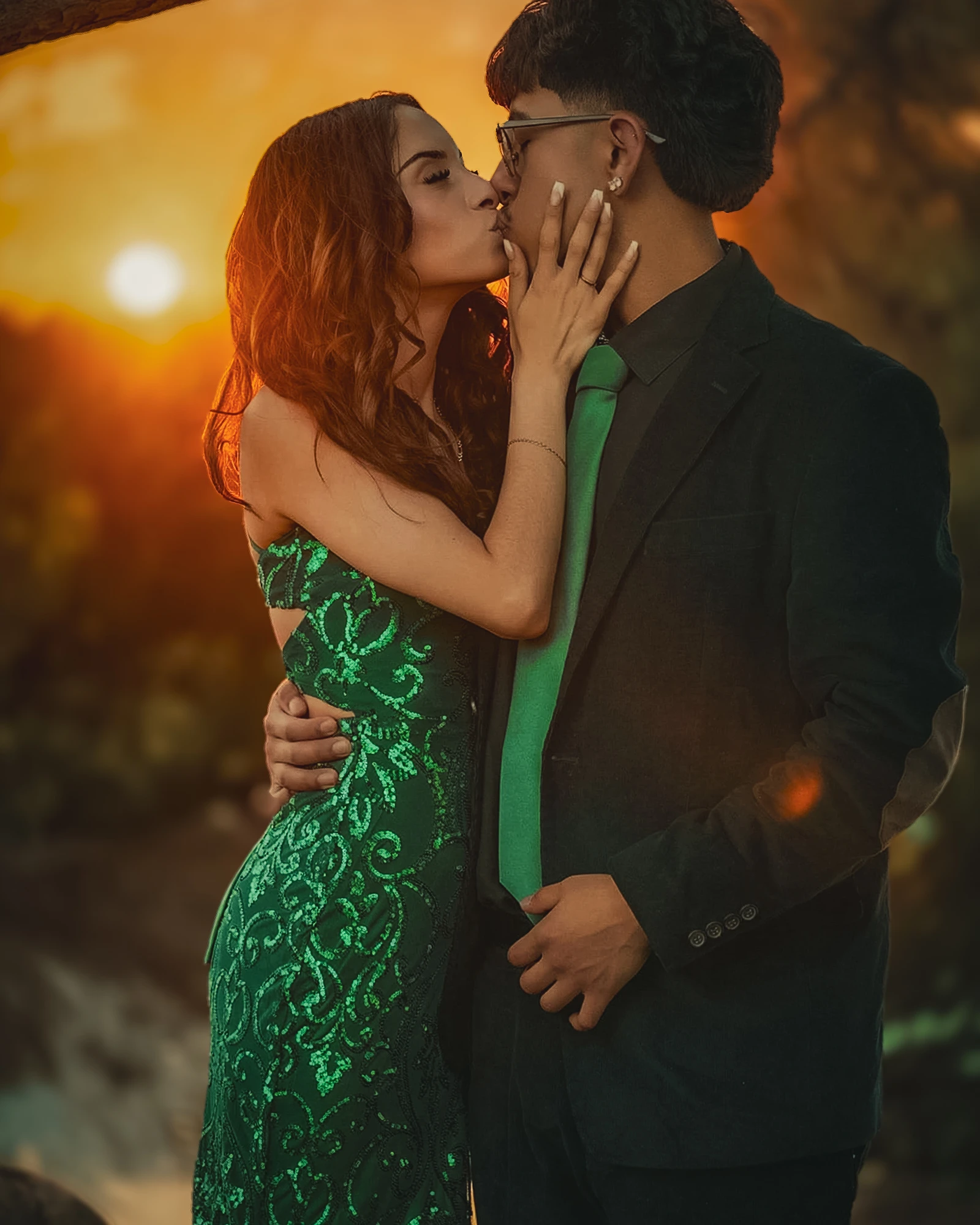 Prom couple portrait in formalwear photographed at sunset